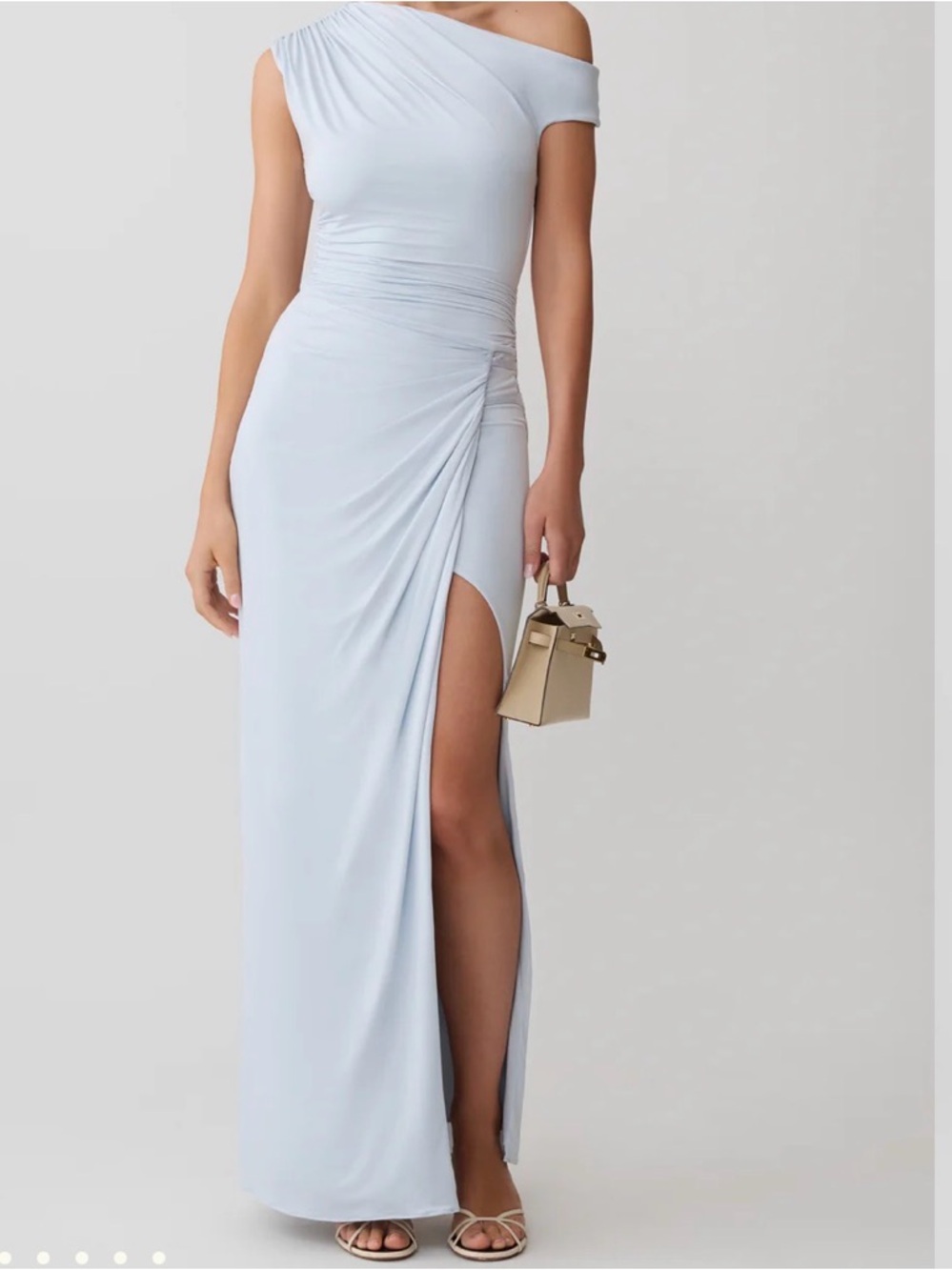Meshki Pale Blue One-Shoulder Ruched Evening Gown